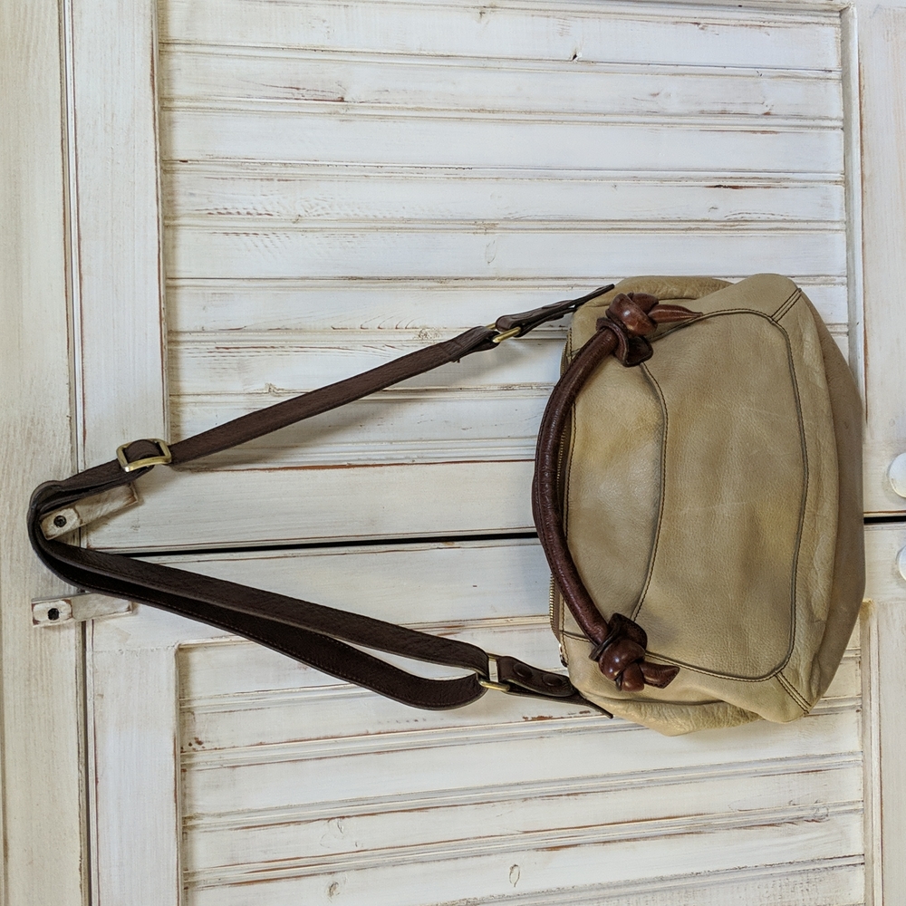 Miah leather handbag, stone color, brown trim.